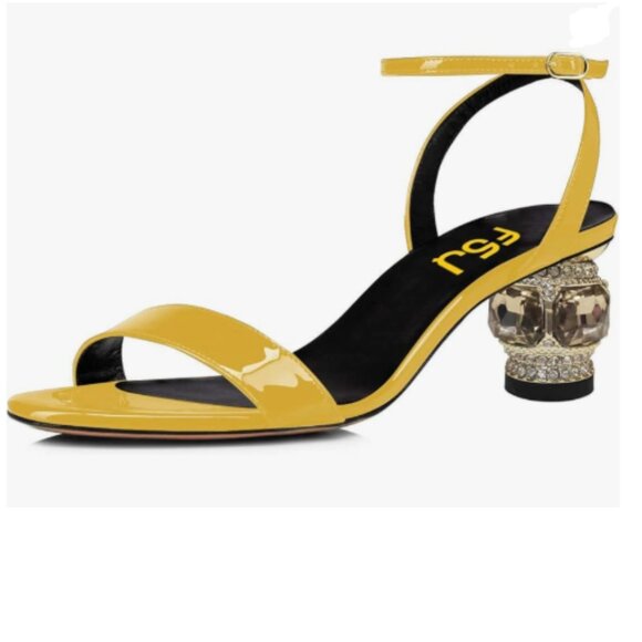 FSJ Yellow Gorgeous Crystal Low Block Heel Open Toe Ankle Strap Sandals Comfort - Picture 1 of 8